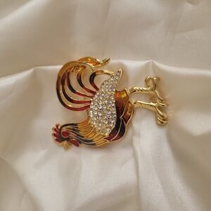 Estate Sale Jewelry Enamel & White Rhinestones Rooster Brooch